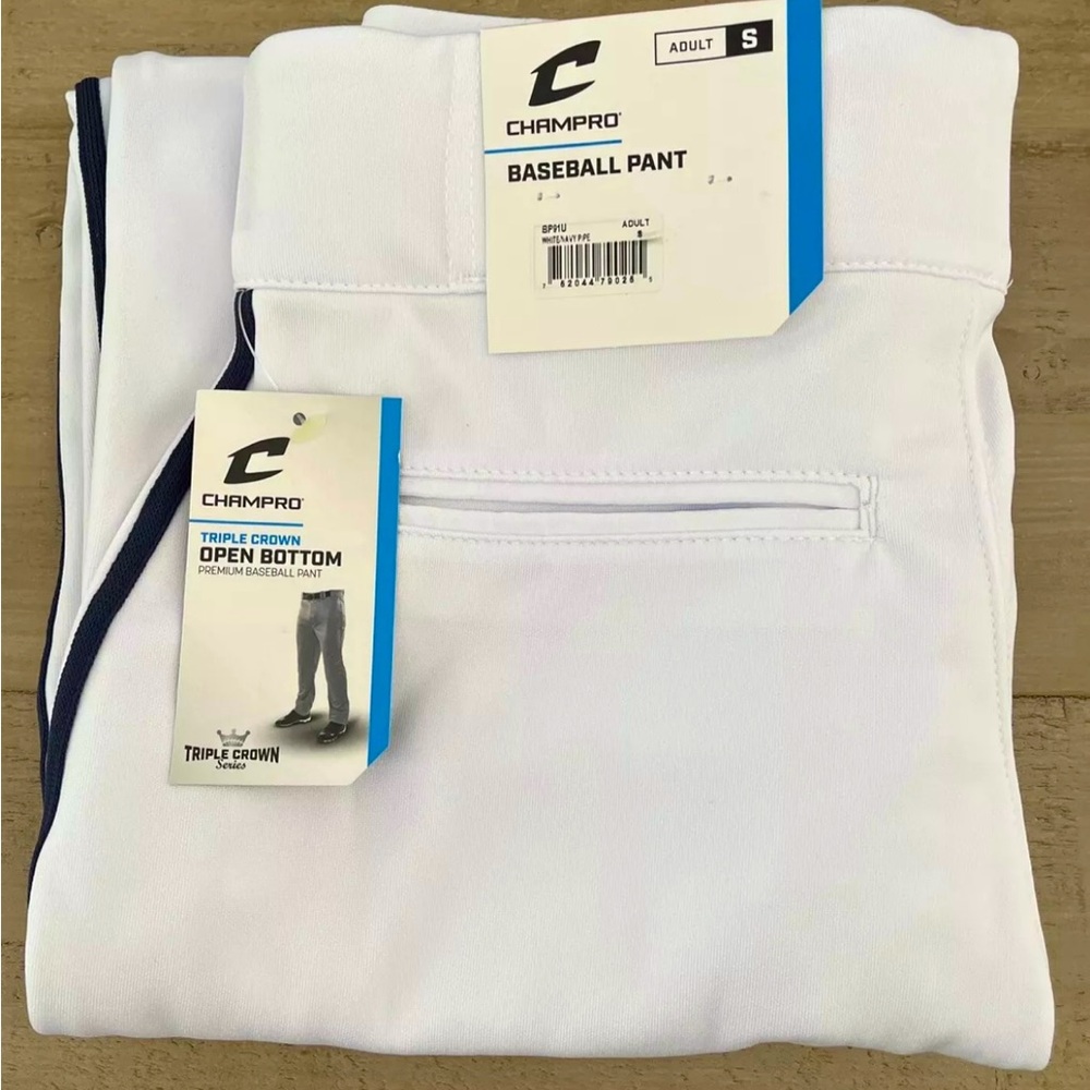 NWT Champro Mens Triple Crown Piped Baseball Pants White w Navy Piping Sz Small